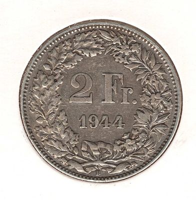 2 франка. Швейцария. 1944 
Серебро 900