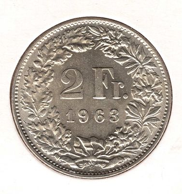 2 франка. Швейцария. 1963 
Серебро 900. Отличная сохранность!