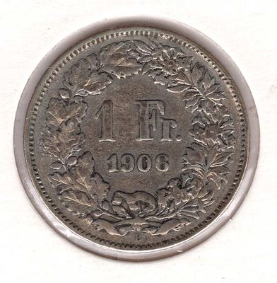 1 франк. Швейцария. 1906 
Серебро