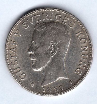 2 кроны Швеция. 1939 
Регулярный чекан. Густав V. Серебро