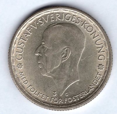 2 кроны. Швеция. 1945 
Регулярный чекан. Густав V. Серебро.
