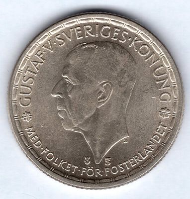 2 кроны. Швеция. 1950 
Регулярный чекан. Густав V. Серебро.