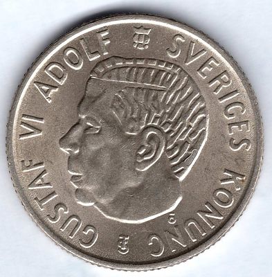 2 кроны. Швеция. 1954 
Густав VI. Регулярный чекан. Серебро.