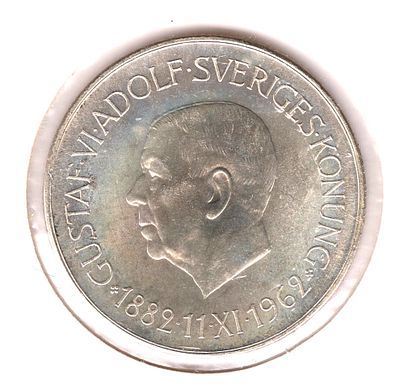 5 крон Швеция. 1962 
80- летие короля Швеции Густава Адольфа. Серебро