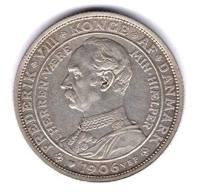 2 кроны Дания. 1906 
Монета посвящена кончине короля Кристиана IX. и вступлению на престол 