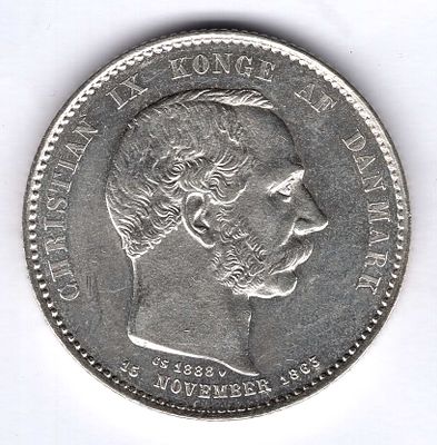 2 кроны Дания. 1888 
Монета в честь 25- летия правления Кристиана IX. 
Штемпельный блеск! В 