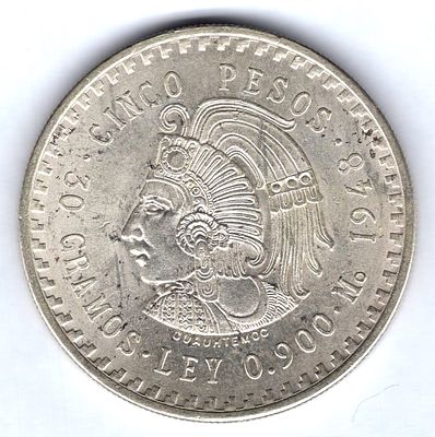 5 песо Мексика. 1948 
900 проба