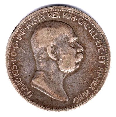 1 крона. 1908 
Юбилейная монета в честь 60- летия правления императора Австро- Венгерской 