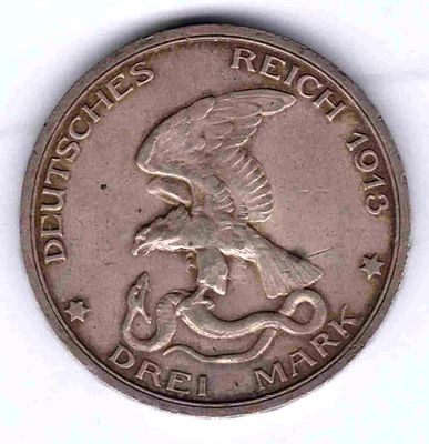 3 марки. Германия. Битва народов. 1913 
В честь 100- летия разгрома Наполеона под Лейпцигом. 