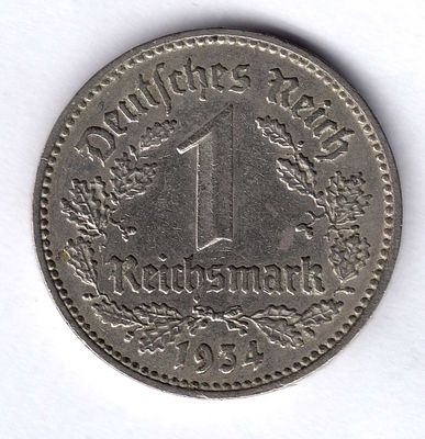 1 марка. Германия. 1934 
Чеканка на монетном дворе Гамбурга