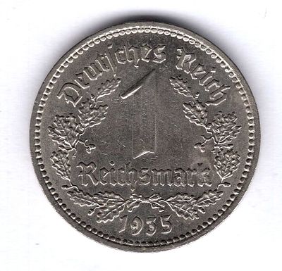 1 марка. Германия. 1935 
Чеканка на монетном дворе Берлина