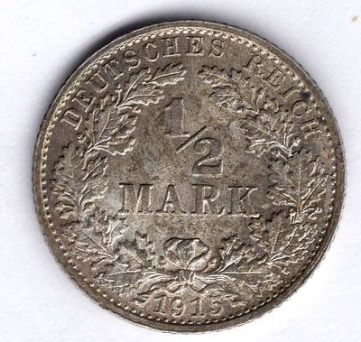 1/2 марки. Германия. 1915 
Отличное состояние! Редкий год и монетный двор. Чеканка в Карлсруэ.
