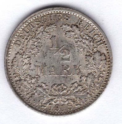 1/2 марки. 1915 
Редкий год! Чеканка в Берлине.