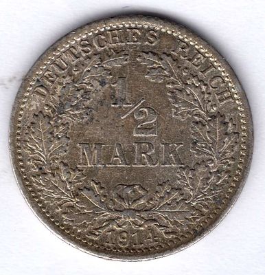 1/2 марки. Германия. 1914 
Монетный двор в Берлине.