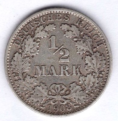 1/2 марки. Германия. 1908 
Монетный двор Берлин. Нечастая.