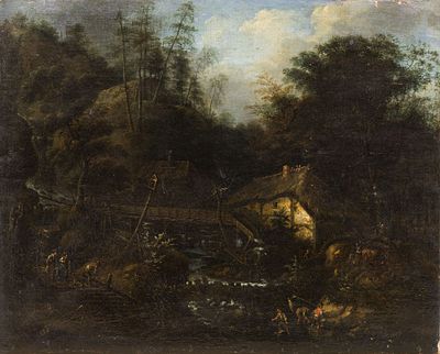 Неизвестный художник - Пейзаж с мельницей. Западная Европа, XIX век. Холст, масло. Пожелтение лака 