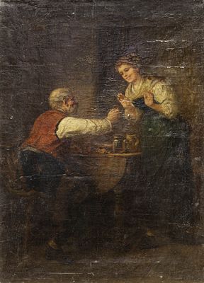 Неизвестный художник - Жанровая сценка в кабачке. Западная Европа, нач. ХХ века. Холст, масло. 62 Х 