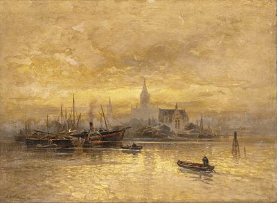 Астудин Н. Л.(1847-1925) - Гавань. Рубеж XIX-XX вв. Холст, масло. 55 Х 75 см. Подпись слева внизу 