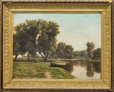 Лунд Н.Е.(1860- после 1919) - Пейзаж с лодкой. Россия, рубеж XIX-нач. ХХ вв. Холст, масло. 79 Х 105 