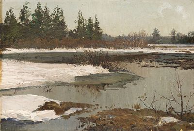 Неизвестный художник - Зима. Россия, нач ХХ века. Картон, масло. 44 Х 55 см. Небольшие повреждения 