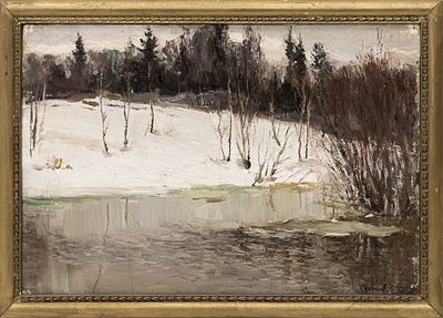 Суханов Ф. И.( 1923-2000) - Весна. СССР, 1956 г. Картон, масло. 42 Х 29 см. Подпись и дата справа 