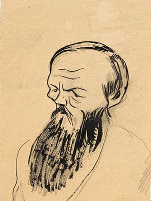 Кукрыниксы - Портрет Ф. Достоевского. СССР. 1950-1960-е гг. Бумага, карандаш, тушь.16 Х 12 см. 