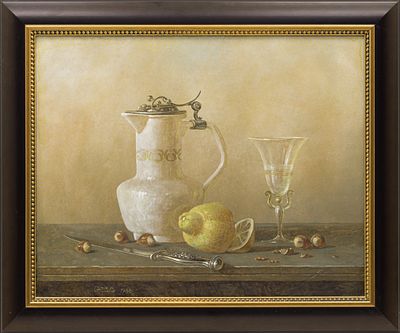 Колокольчиков С. В.(1954 г.р.) - Натюрморт с лимоном и орехами. СССР, 1988 год. Оргалит, масло 