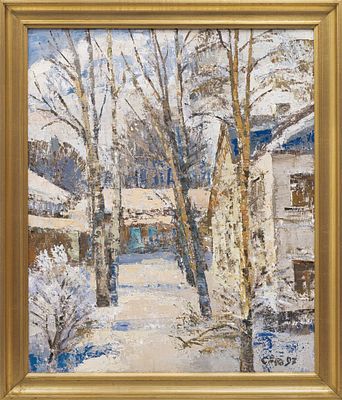 Студенников Э.(1945-2012 гг.) - Зимний дворик. Россия, 1997 г. Холст, масло. 59х49 см. В раме. 