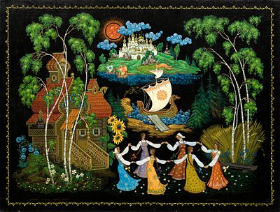 Хоровод. Скворцов А. (по подписи) 
Россия, 1993 год. Дерево, темпера. 61 Х 80 см. Подпись и 