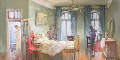 Морозов А.(1968 г.р.) - Атлантида. Красное платье. Россия, 2025 г. Картон, темпера, гуашь. 22 Х 44 