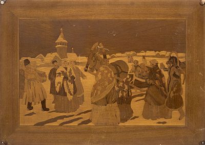 Декоративное панно с изображением русских гуляний зимой. Россия (?), 1-я пол. XX в. 
Дерево 