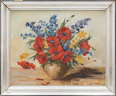 Маки и колокольчики. Bienwalder E. 
Австрия, середина-вторая половина ХХ вв. Фанера, масло. 39 Х 