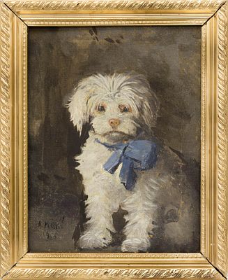 Мако А. Э.(1851 – 1925) - Собачка с голубым бантом. Россия, 1915-1916 гг. Холст, масло, 40 х 30 см. 