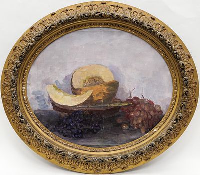 Неизвестный художник - Дыня и виноград. СССР, сер. ХХ века. Холст (без подрамника), масло. 48 Х 56 