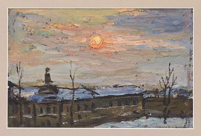 Безикович Б.Н.(1917 -1978 гг.) - Зимний закат. СССР, 1950-е годы. 14 Х 22 см (в свету). Паспарту. 