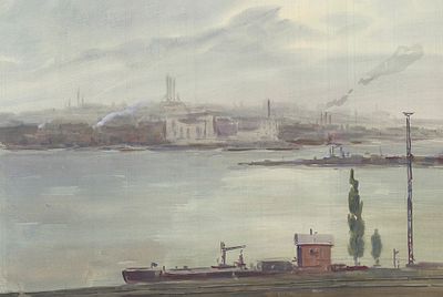 Дородницын В.П.(1908-1984 гг) - Баржа на реке. СССР, 1960-е годы. Бумага, акварель. 37 Х 54 см. 