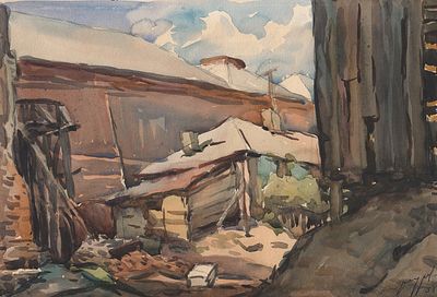 Огурцов И.А.(1927 г.р.) - Вид на двор. СССР, 1958 г. Бумага, акварель. 22 Х 31 см. Подпись и дата 