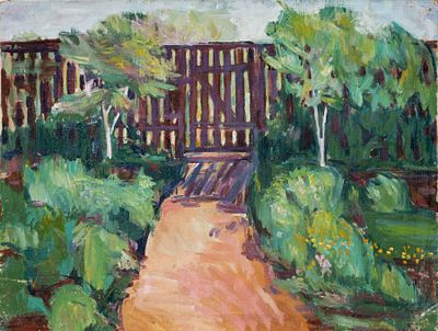 Кольцова-Бычкова А.Г.(1892–1985 гг.) - У калитки. СССР, 1972 год. Холст, масло. 49 Х 65 см. 