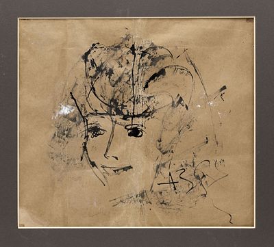 Зверев А.Т.(1931 - 1986) - Портрет девушки. СССР, 1967 год. Бумага, тушь, белила. 41 Х 46 см (в 