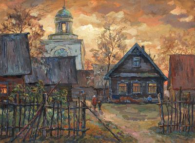 Прогулка на закате. Шмаков В. 
СССР, 1980-е годы. Бумага, темпера. 35 Х 48 см