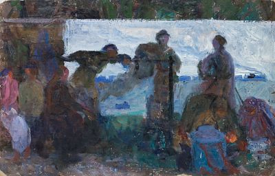 Геденидзе Н.Н.(1914-2002 гг.) - Трое. СССР, 1970-е годы. Картон, масло. 31 Х 49 см. Геденидзе Ное 