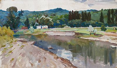 Караваев В.И.(1923 - ?) - Северный Кавказ. Дорога у реки. СССР, 1968 год. Картон, масло. 45 Х 70 