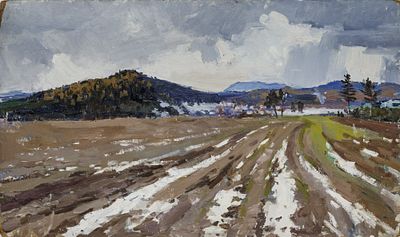 Караваев В.И.(1923 - ?) - Село Горбуново. Поздняя осень. СССР, 1956 год. Картон, масло. 40 Х 70 см 