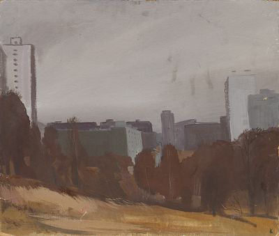 Кирилло А.А.(1931 г.р.) - В новом городе. Юго-Запад Москвы. СССР, 1980 год. Оргалит, темпера. 48 х 