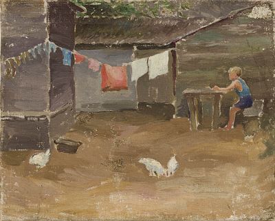 Неизвестный художник - Дворик. СССР, вторая треть ХХ века. Холст, масло. 30 х 37 см. Подрамник в замене