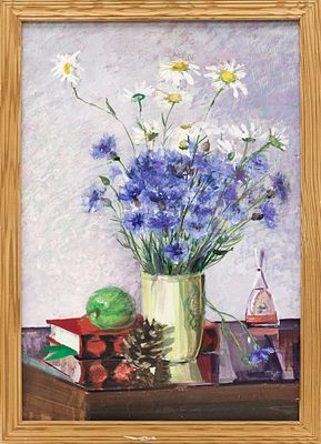 Неизвестный художник - Натюрморт с ромашками и васильками. СССР, 1980-е годы. Картон, масло. 48 Х 
