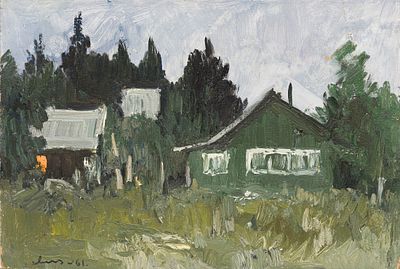 Малышев И.К.(1929-2010) - Дачное. Домики. СССР, 1961 год. картон, масло. 23,5 Х 34,5 см Малышев 