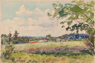 Богородский Ф.С.(1895 - 1959 гг.) - Вид на деревню. СССР, 1935 г. Бумага, акварель. 23 Х 33,5 см. 