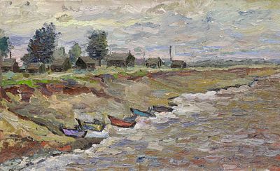 Лодки. Сидоров В. (по подписи) 
СССР, 1970 г. Холст без подрамника, масло. 31 Х 51 см.