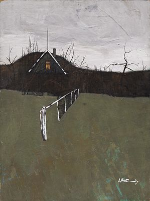 Кашаускас А.(1959 г.р.) - Пейзаж с изгородью. СССР, 1989 г. Оргалит, масло. 60 Х 80 см. Подпись 